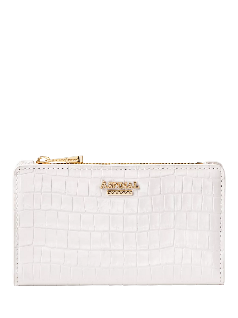 Aspinal of London Mayfair Faux Patent Croc Leather Coin & Card Bifold Purse, Chalk White