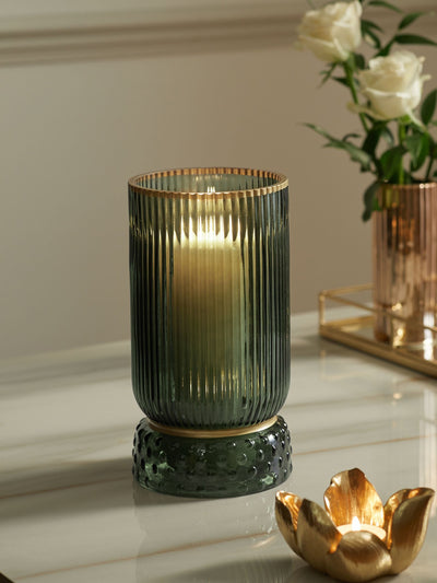 Next Green Ribbed Glass Hurricane Candle Holder Medium- Buy online at McGrocer