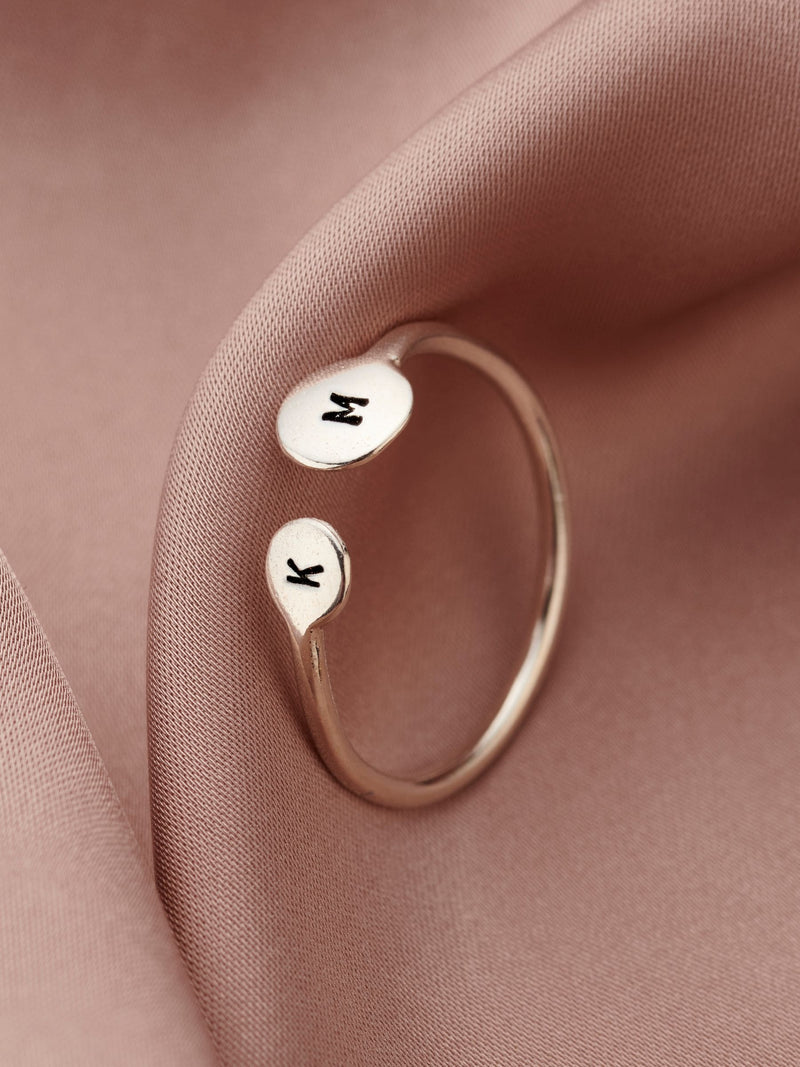 Posh Totty Designs silver open ring with mother and baby initials, UK version
