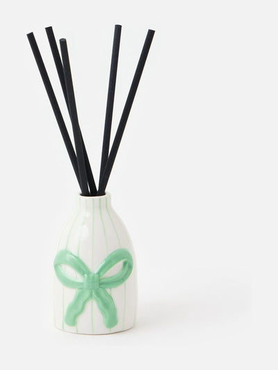 Next Oliver Bonas Cream Green Striped Bow Ceramic Reed Diffuser Set Mandarin Lotus Scent ONE- Buy online at McGrocer