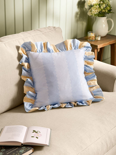 Next Wylder Lemon/Sky Birdie Stripe Ruffle Fibre Filled Cushion 45x45cm- Buy online at McGrocer
