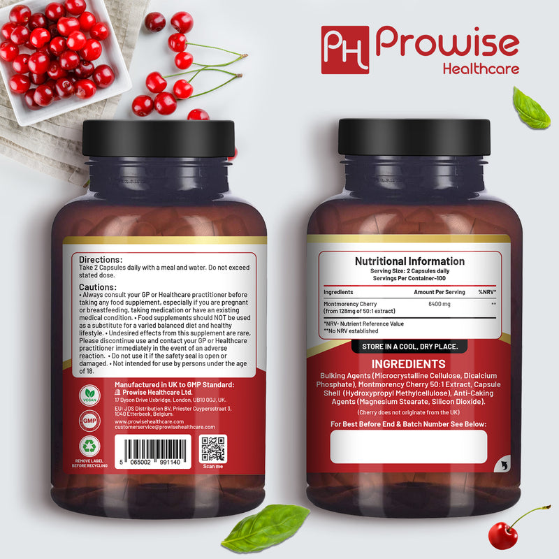 Prowise Healthcare Montmorency Cherry supplement 6400mg 200 capsules, imported from the UK