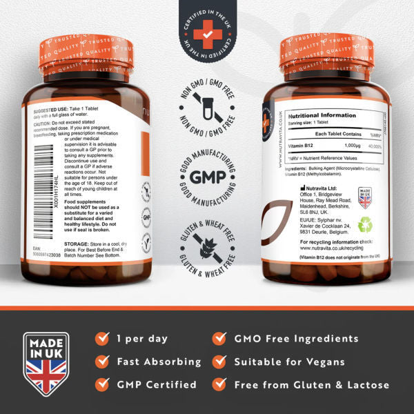 Nutravita Vitamin B12 supplement 1000mcg 450 tablets (British brand)