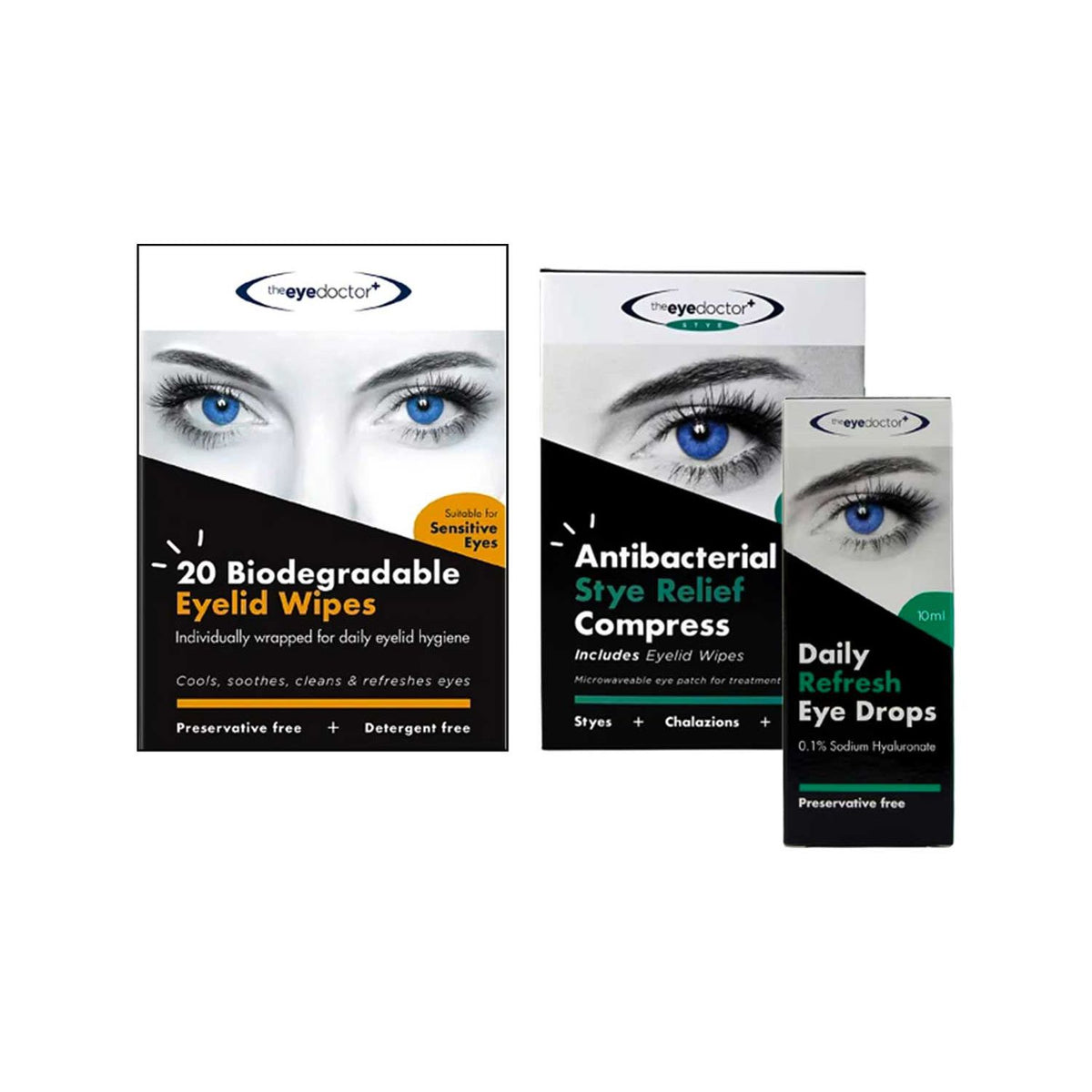 The Eye Doctor eye care bundle with wipes and drops (British brand)