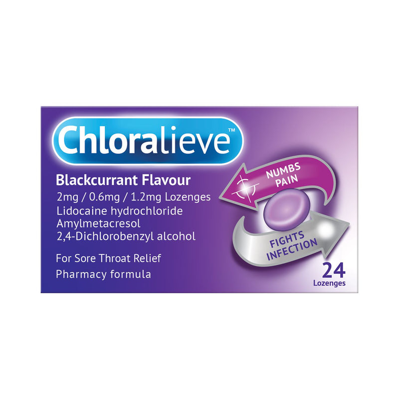 Chloralieve throat lozenges blackcurrant flavour 24 lozenges - British product