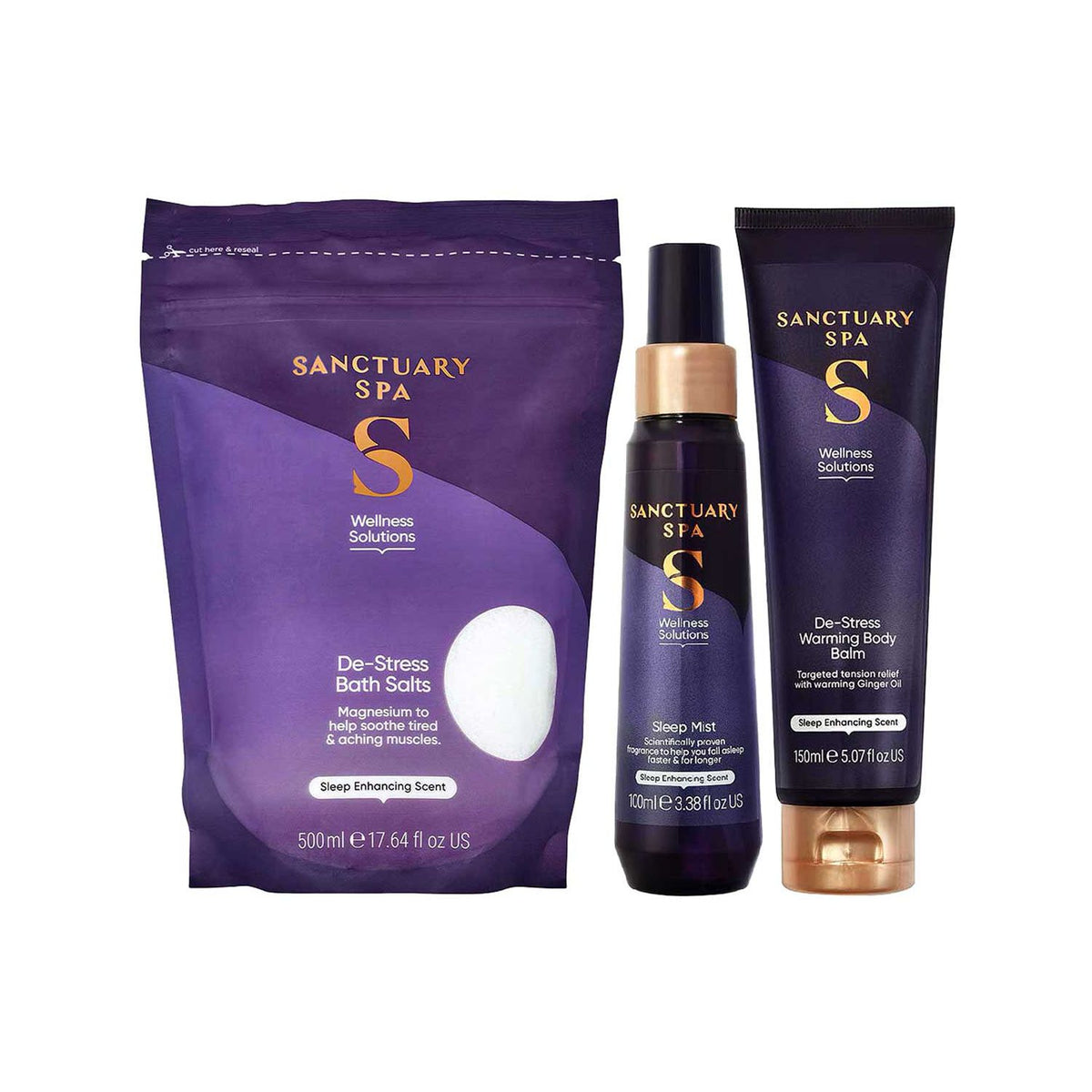 Sanctuary Spa wellness bundle with sleep mist bath salts and body balm, imported from the UK