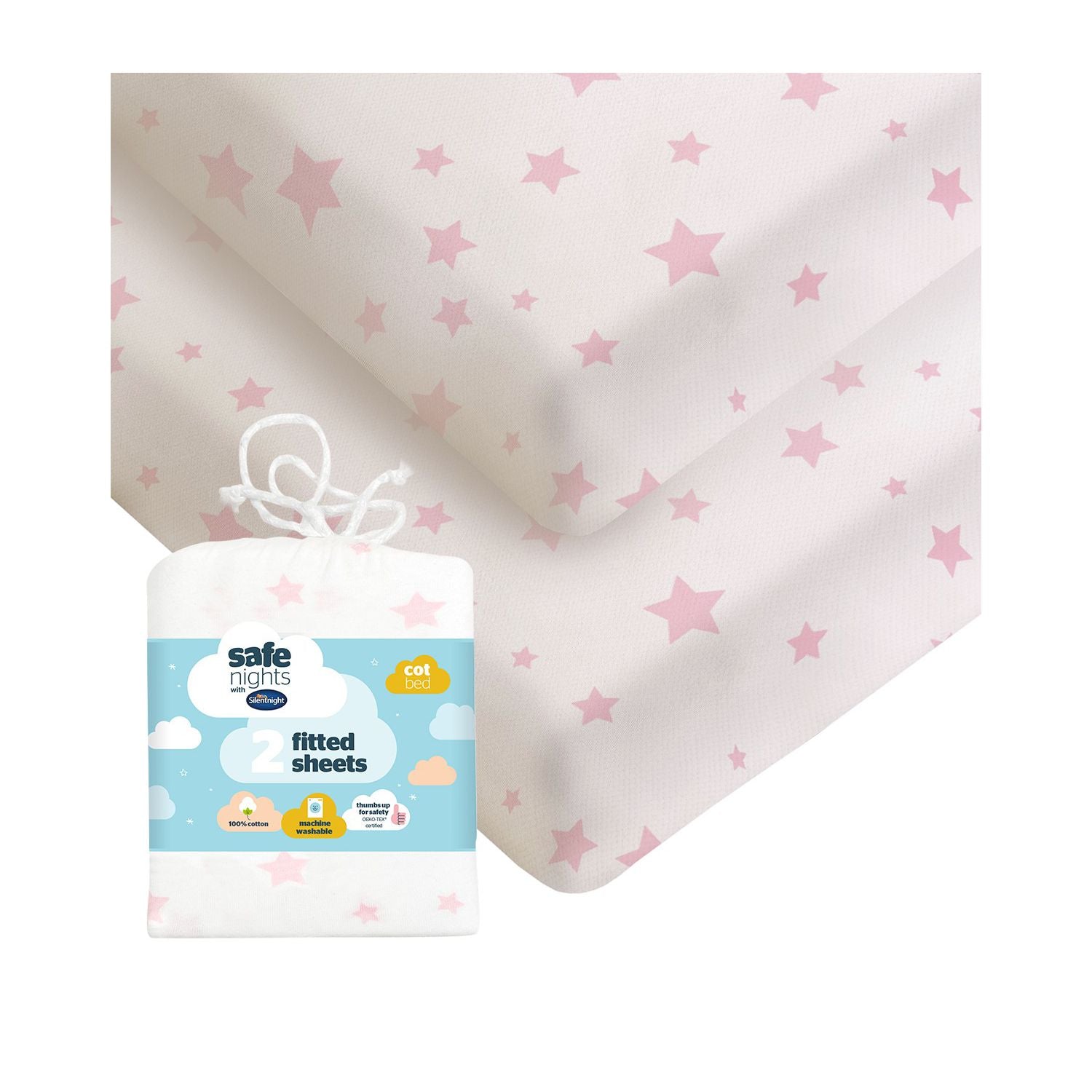 Silentnight fitted sheet pink star pattern cot bed 2 pack, UK version