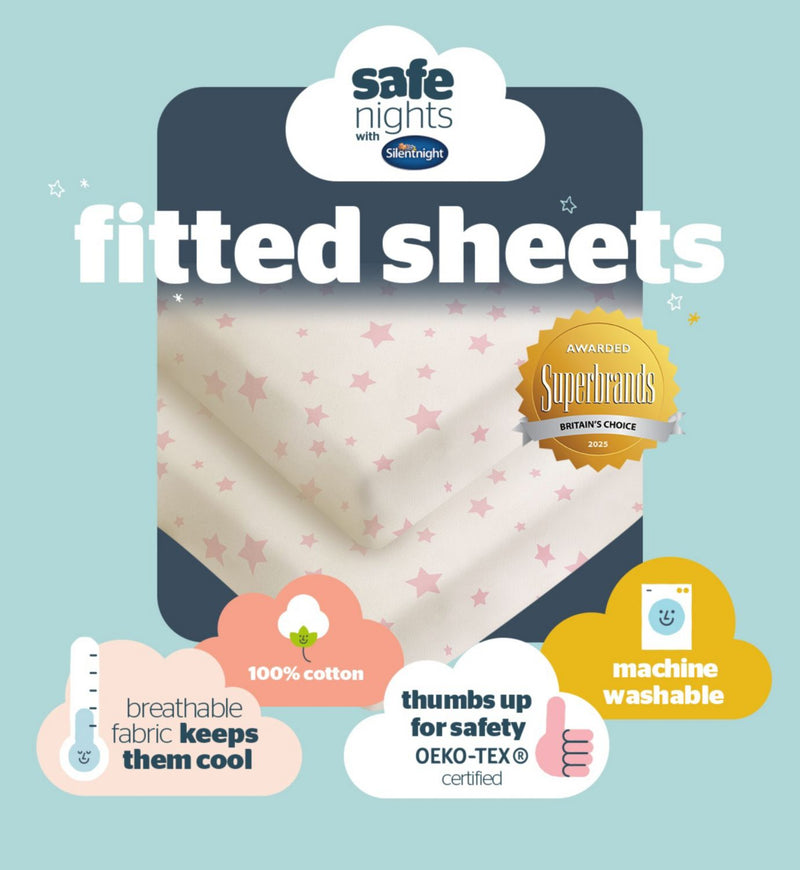 Silentnight fitted sheet pink star pattern cot bed 2 pack, UK version