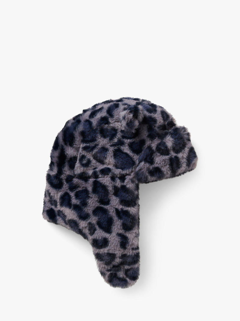 Small Stuff kids' leopard faux fur deerstalker hat in grey (British brand)