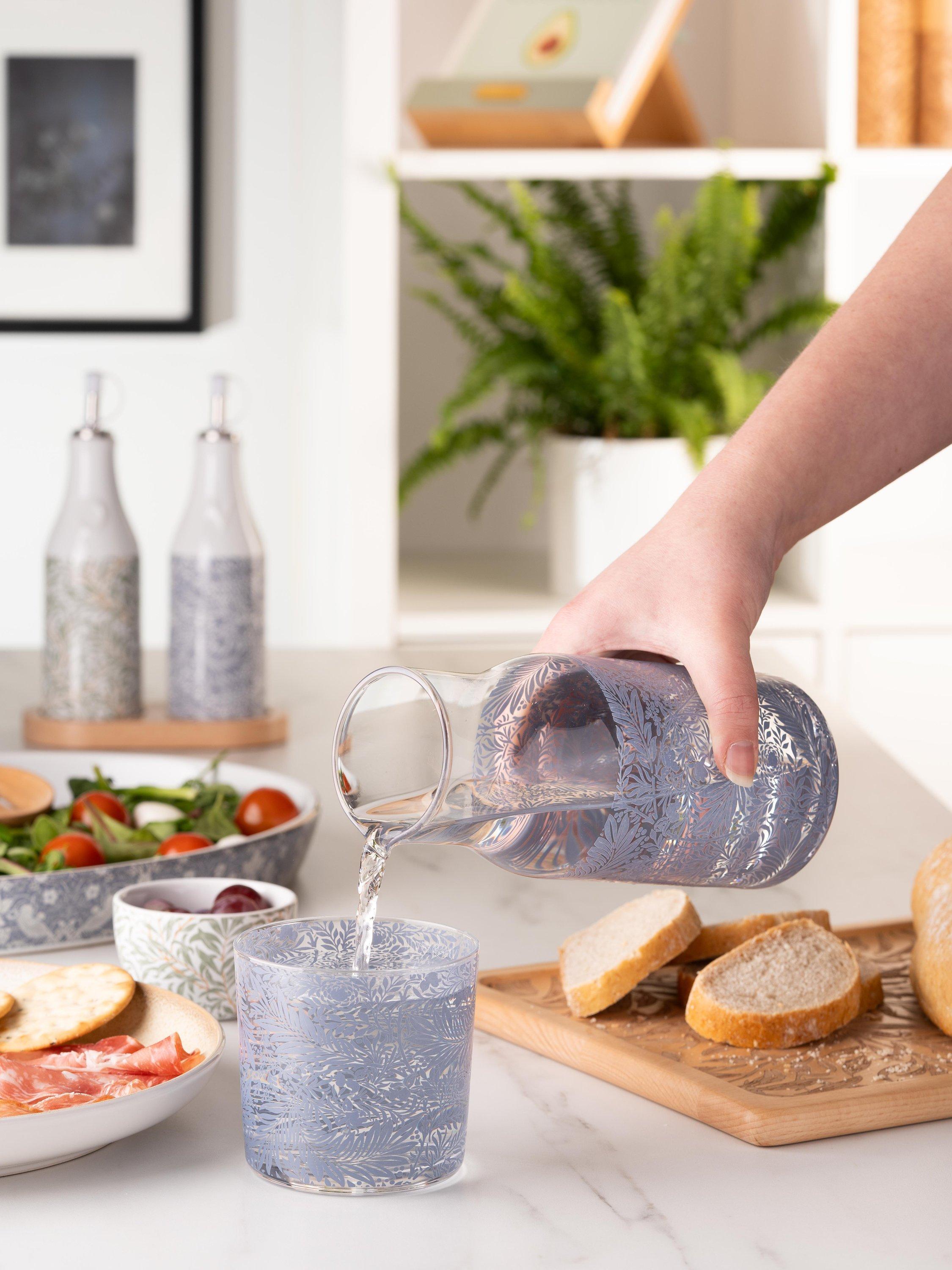 Glass carafe and tumbler set with William Morris pattern (British brand)