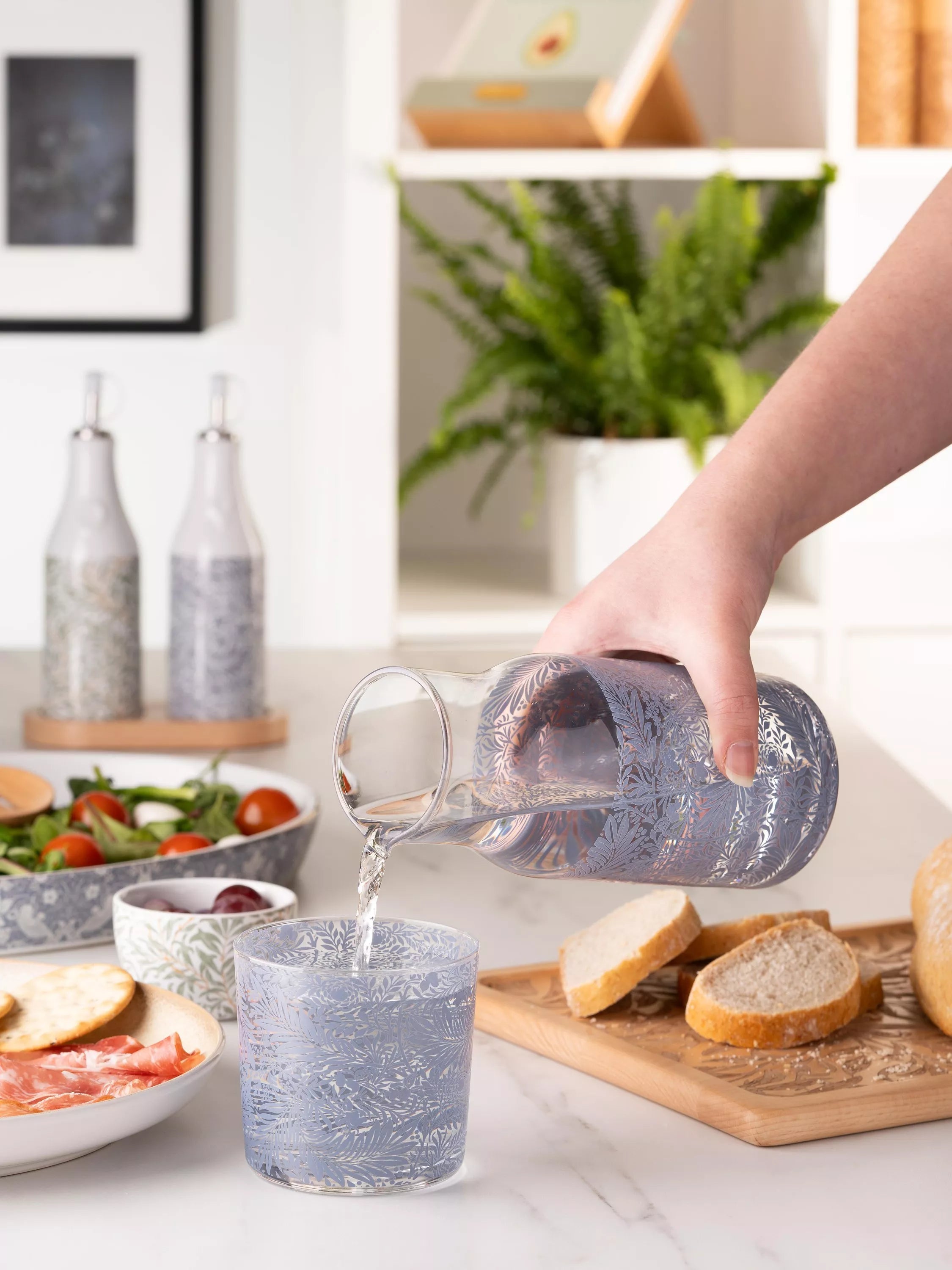 Glass carafe and tumbler set with William Morris pattern (British brand)