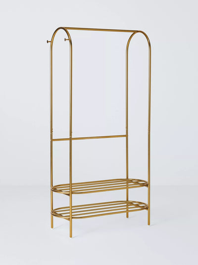 John Lewis Curved Metal Clothes Rail in Gold with Shoe Racks and Hanging Knobs- Buy online at McGrocer