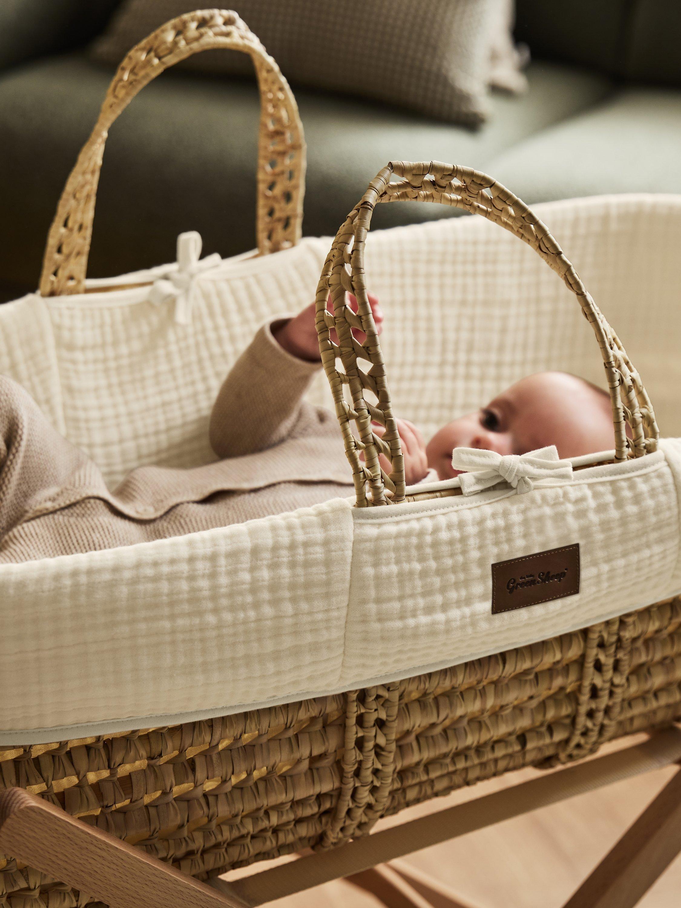 Little Green Sheep muslin Moses basket with mattress, imported from the UK