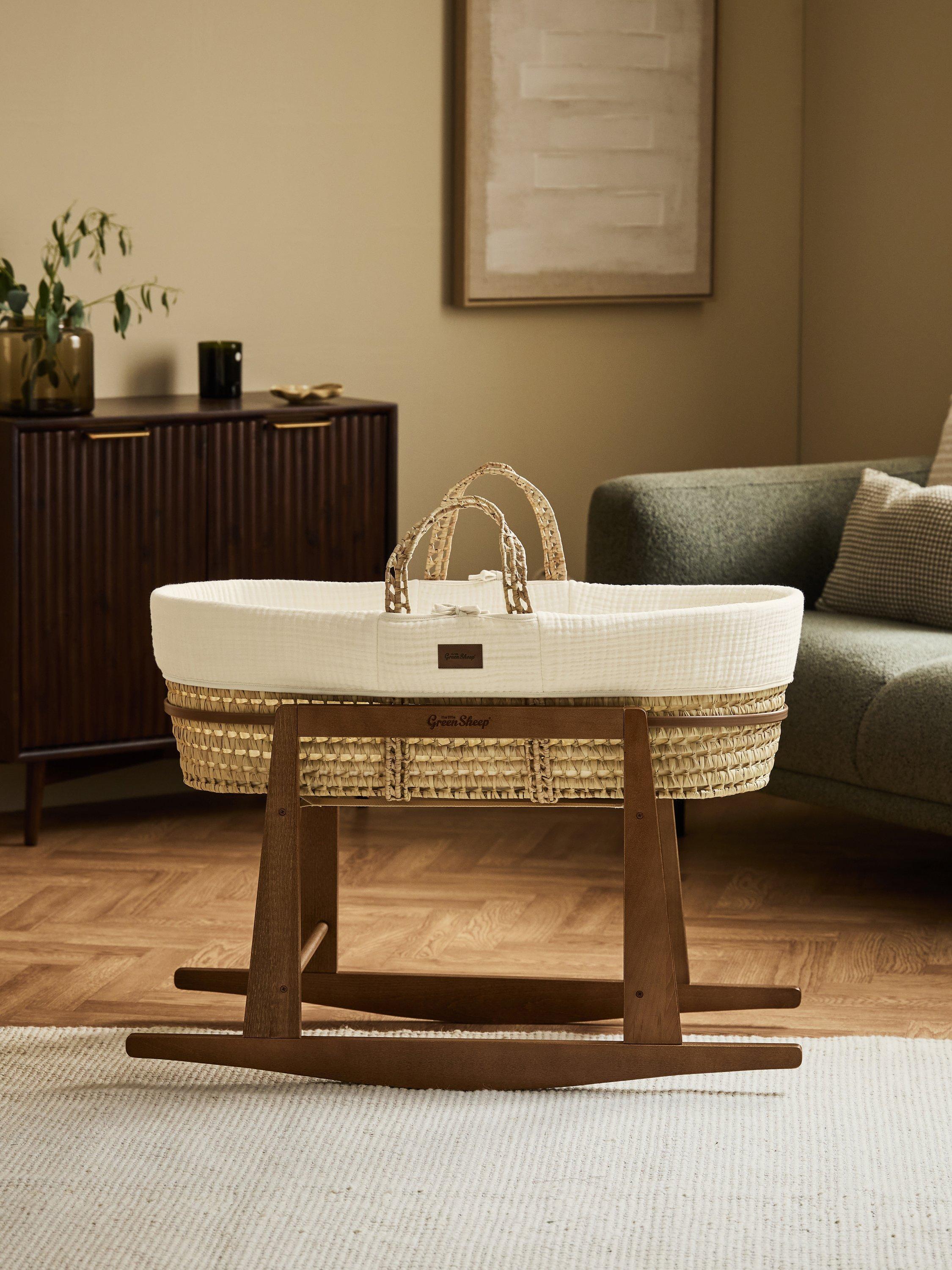 Little Green Sheep muslin Moses basket with mattress, imported from the UK