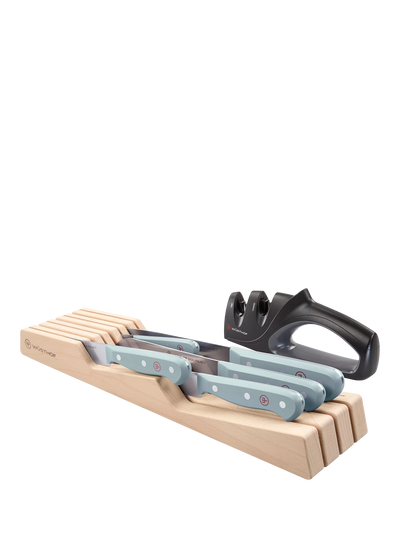 John Lewis WÜSTHOF Gourmet 3 Kitchen Knives and In-Drawer Tray Set with Sharpener, Quiet Blue- Buy online at McGrocer