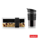 Bodum black lunch box and travel mug set with utensils, UK version