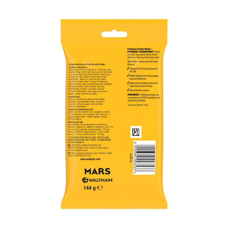 Pedigree dog treats Meaty Multi Mix Strips 144g, imported from the UK
