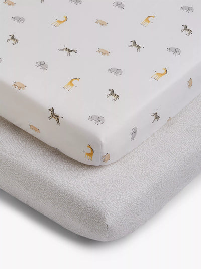 John Lewis Fitted Cotbed Sheet Set with Animal Print, Cotton, 70 x 140cm, Pack of 2- Buy online at McGrocer