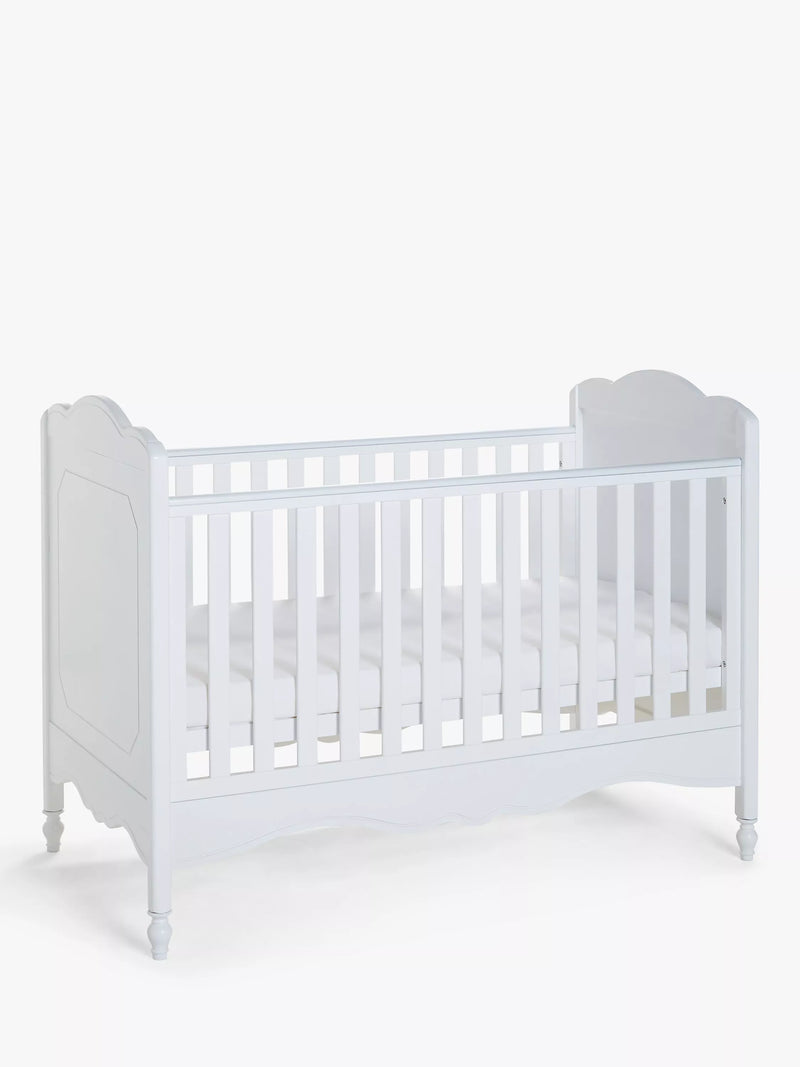 John Lewis white cotbed with adjustable mattress base, UK version