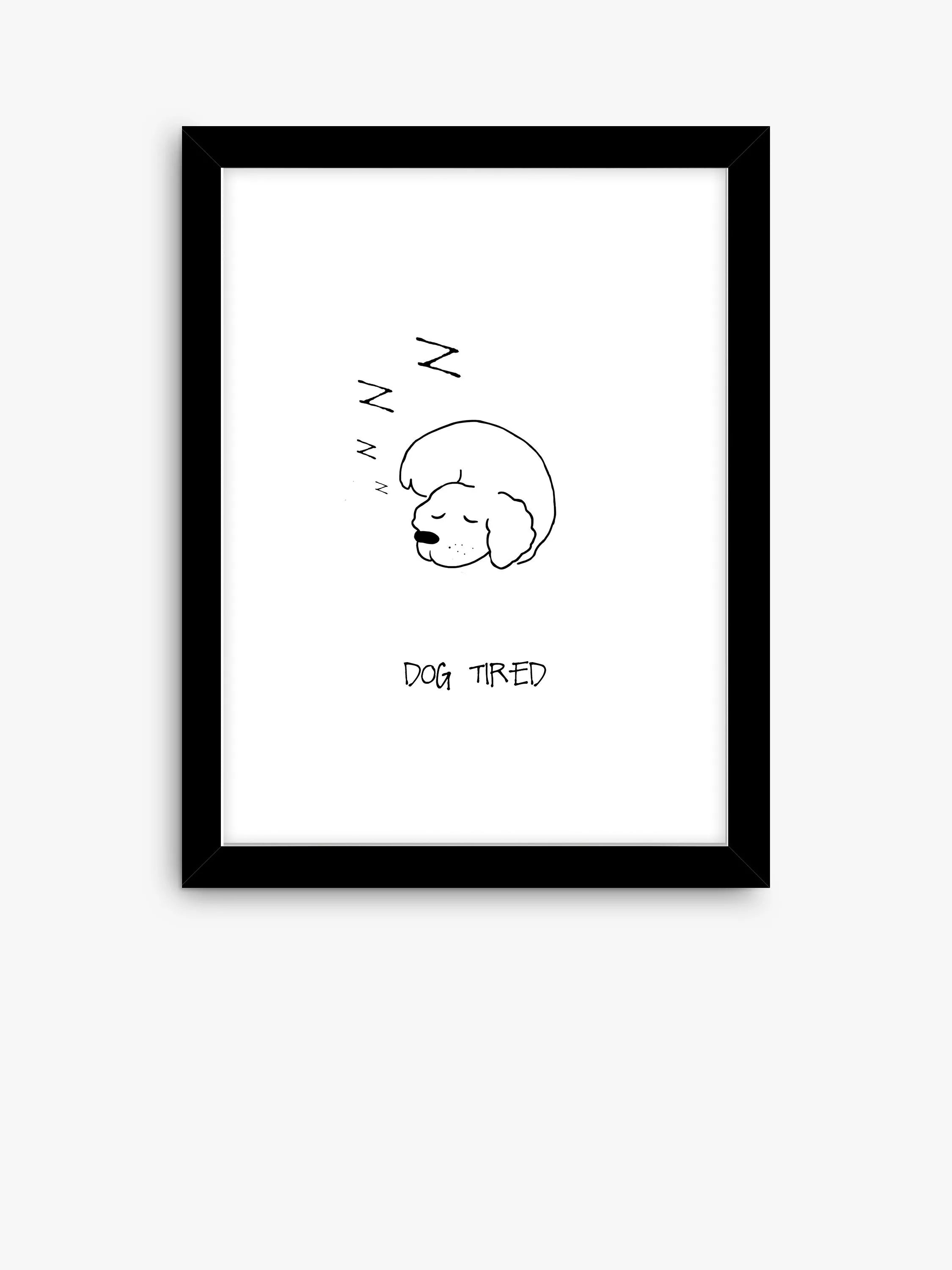Framed print of a sleepy dog in black and white, 43.5 x 33.5 cm - British product