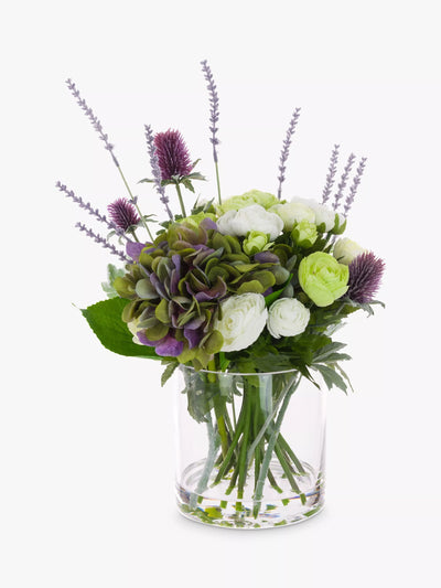 John Lewis Artificial Hydrangea and Thistle Flower Arrangement in Clear Glass Vase, Purple- Buy online at McGrocer