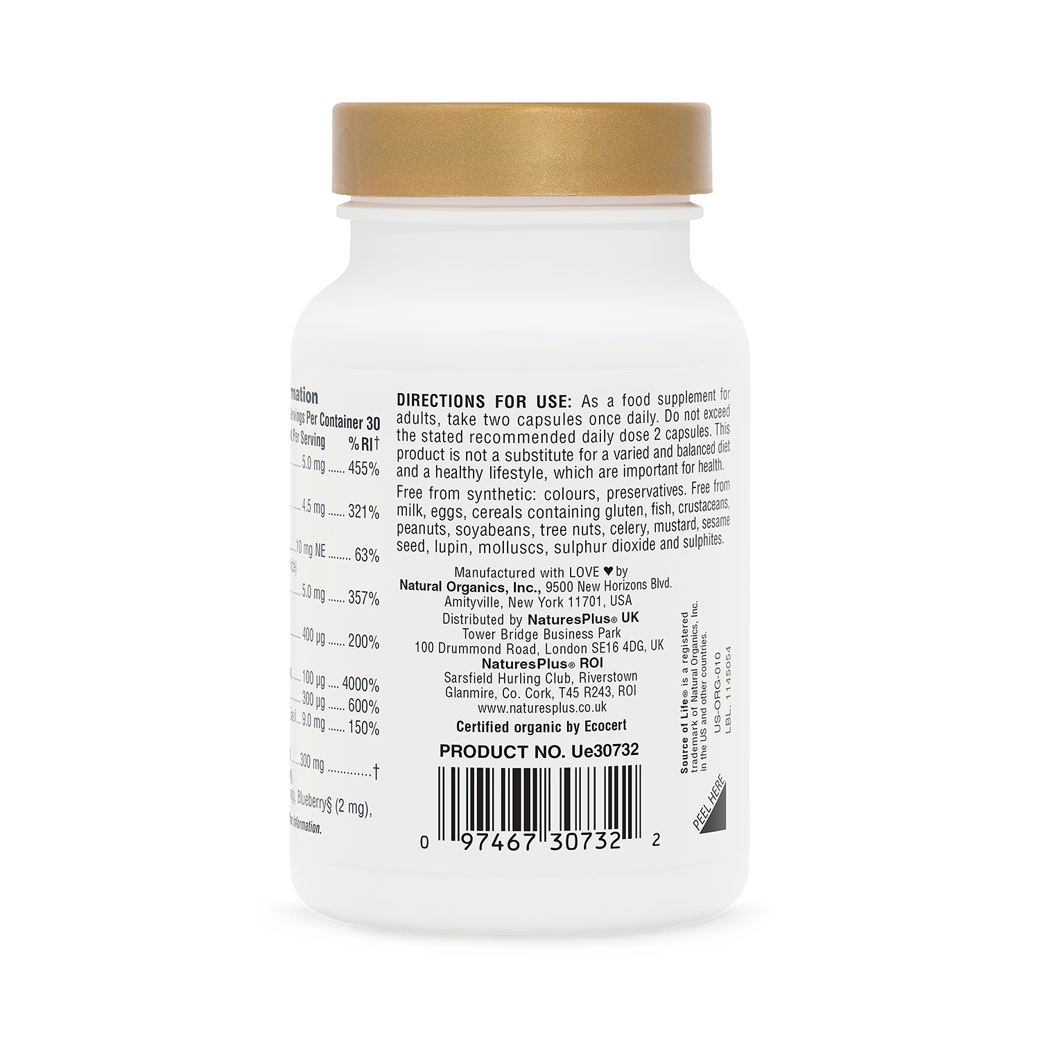 NaturesPlus Sol Garden Organic B Complex 60 capsules, imported from the UK