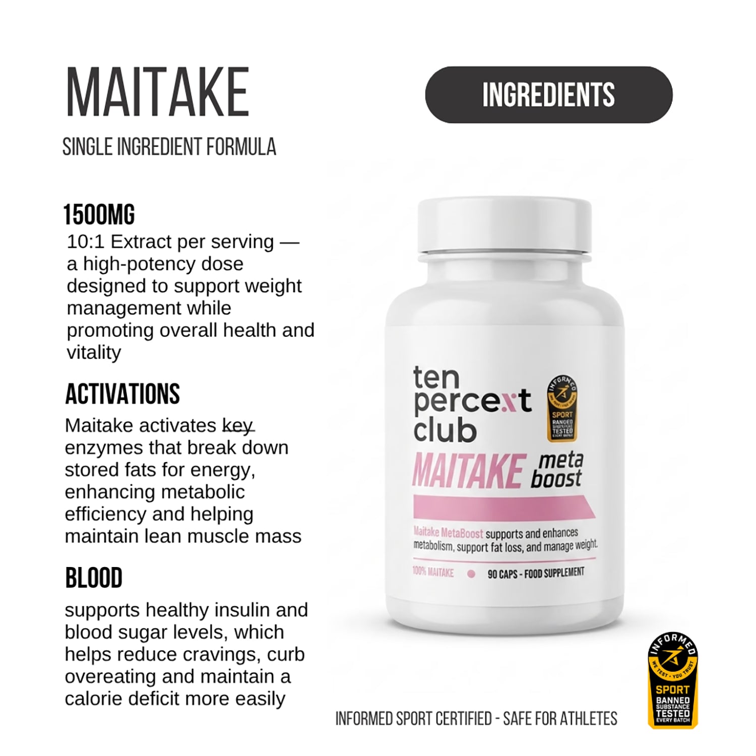The Ten Percent Club Maitake Metaboost 90 capsules, imported from the UK