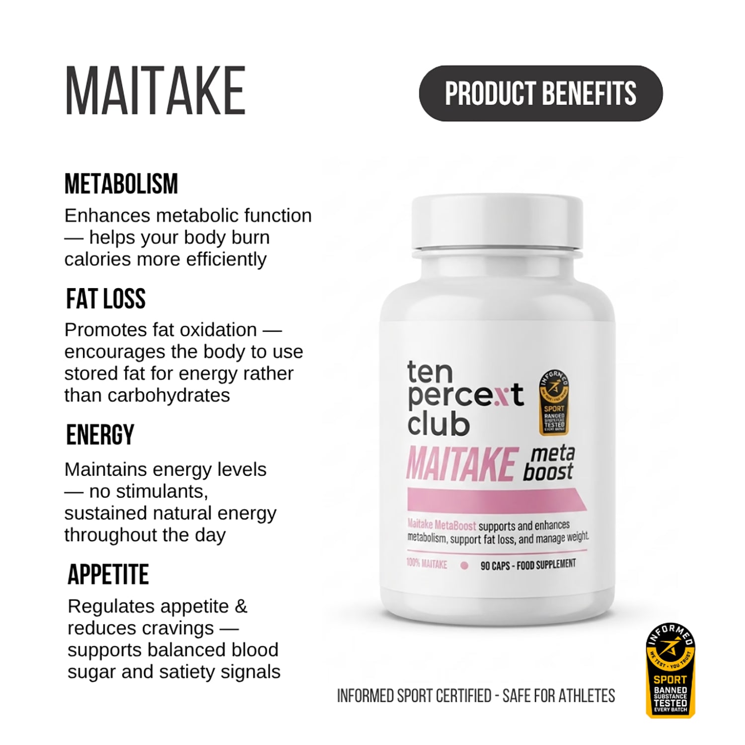 The Ten Percent Club Maitake Metaboost 90 capsules, imported from the UK