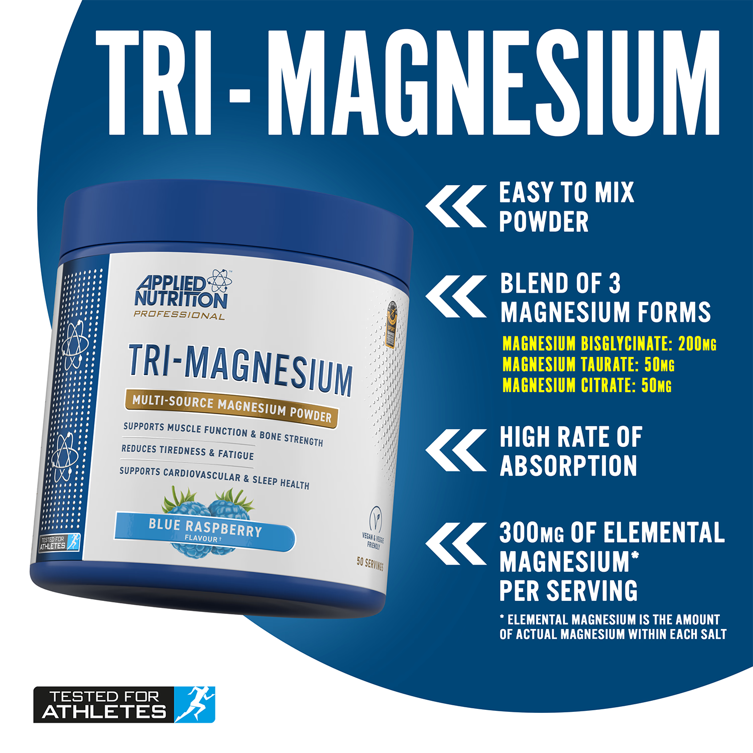 Applied Nutrition Tri-Magnesium Powder Blue Raspberry 200g, imported from the UK