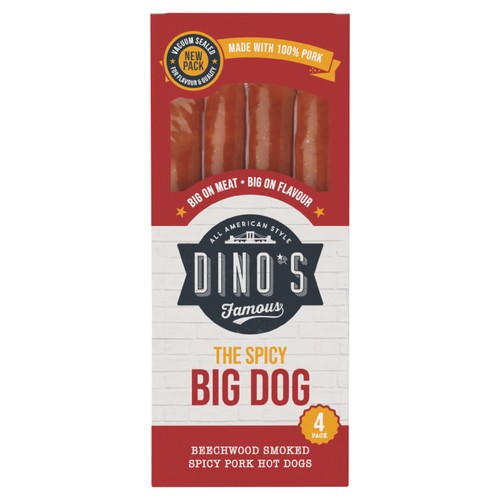 Dino's spicy smoked pork hot dogs 4 pack, UK version