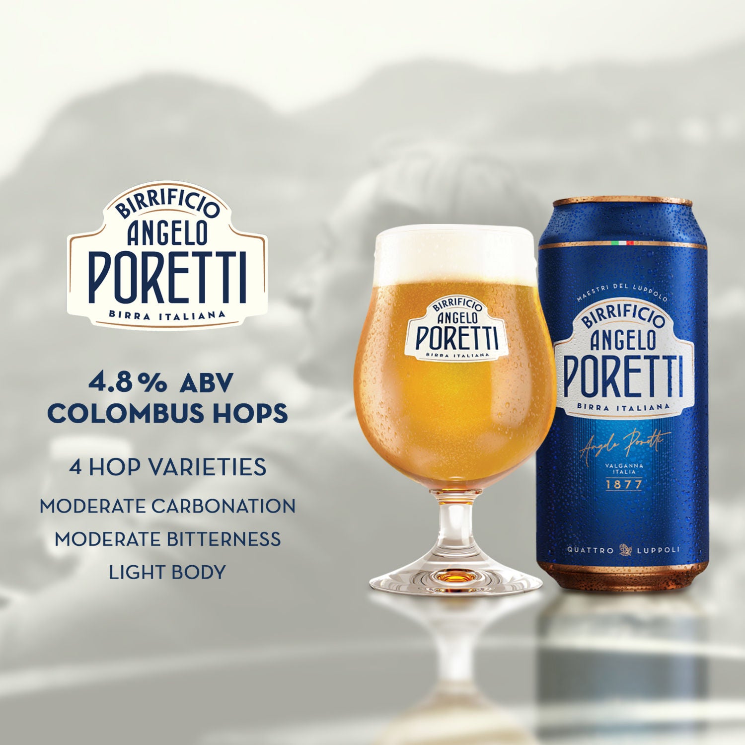 Birrificio Angelo Poretti premium Italian lager beer 440ml cans, UK version