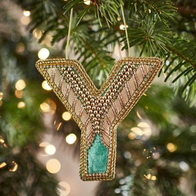 fortnum Fortnum's Eau de Nil Embroidered Alphabet Christmas Decoration - Letter Y- Buy online at McGrocer