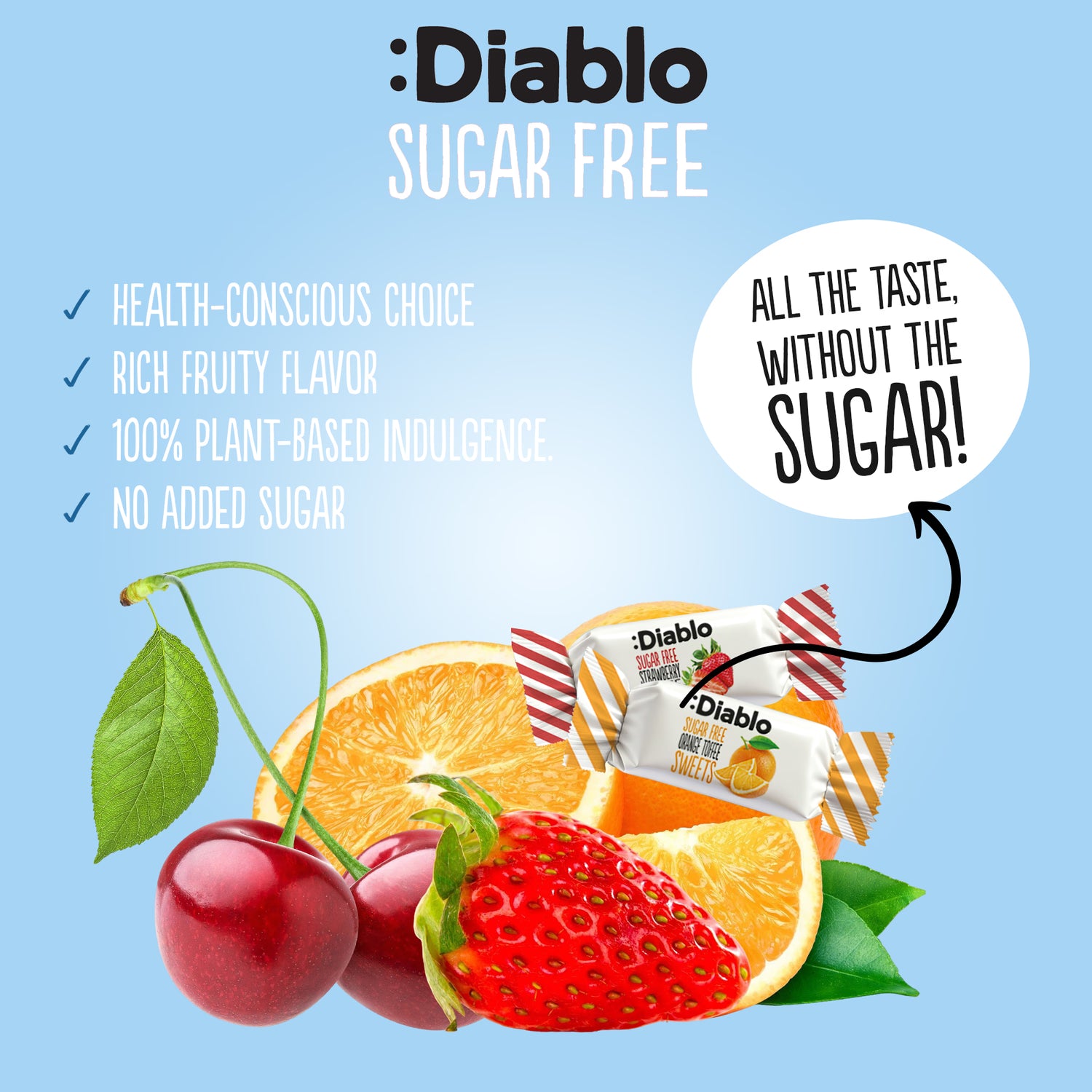 Diablo sugar free fruit toffees 75g bag, British product