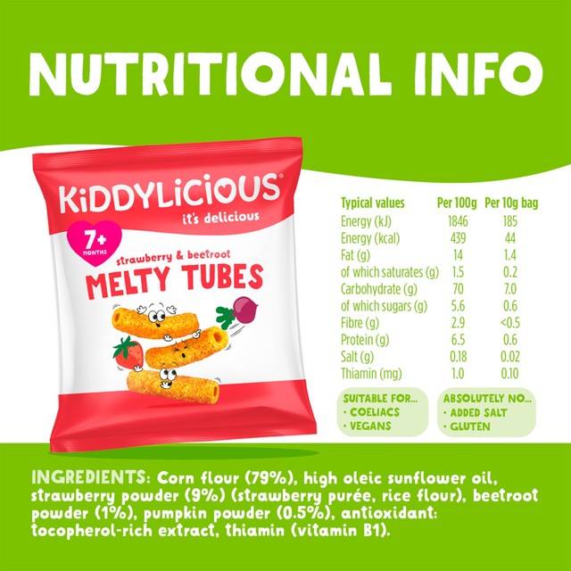 Kiddylicious Melty Tubes strawberry and beetroot baby snacks 4 x 10g, UK version