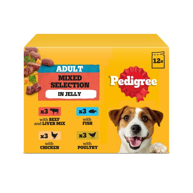 Pedigree adult dog wet food pouches mixed selection in jelly 12 x 100g, imported from the UK