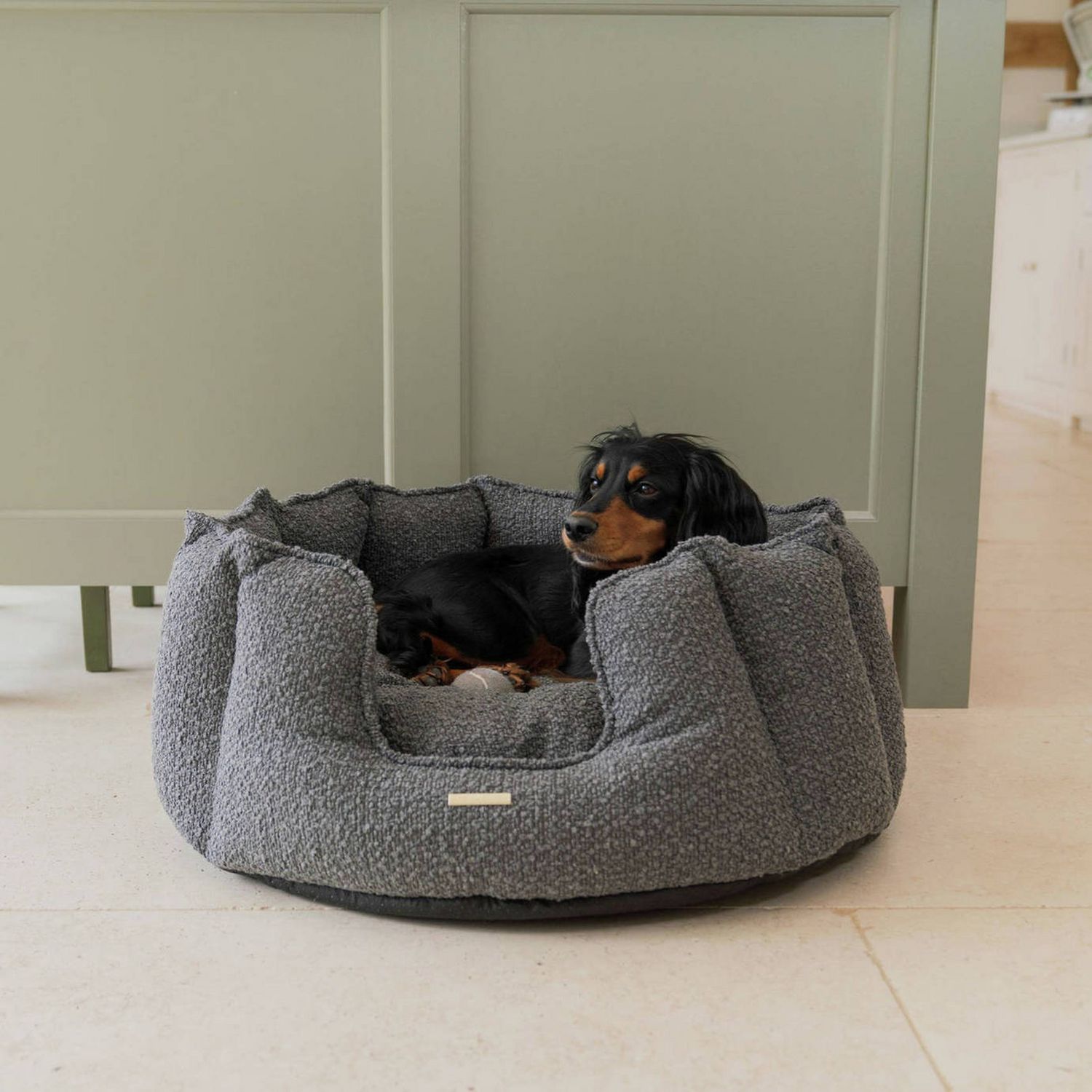 Lords & Labradors high wall dog bed granite boucle small, imported from the UK