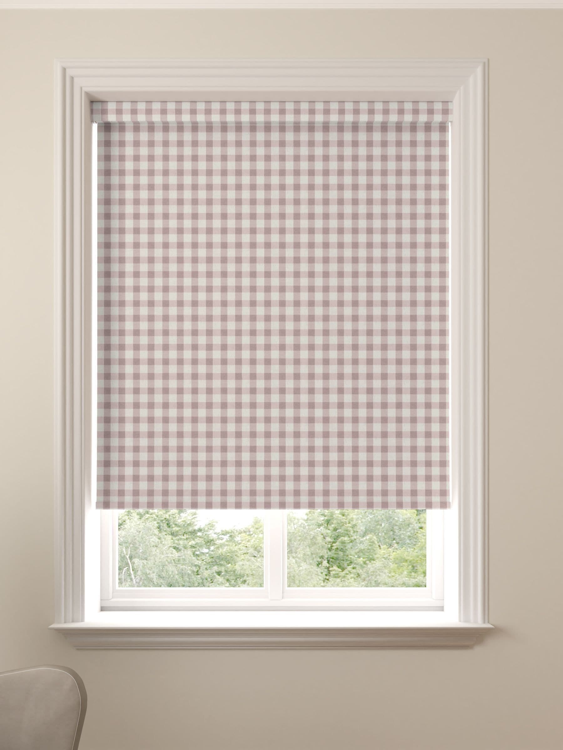 Rose pink gingham made to measure roller blind, UK version