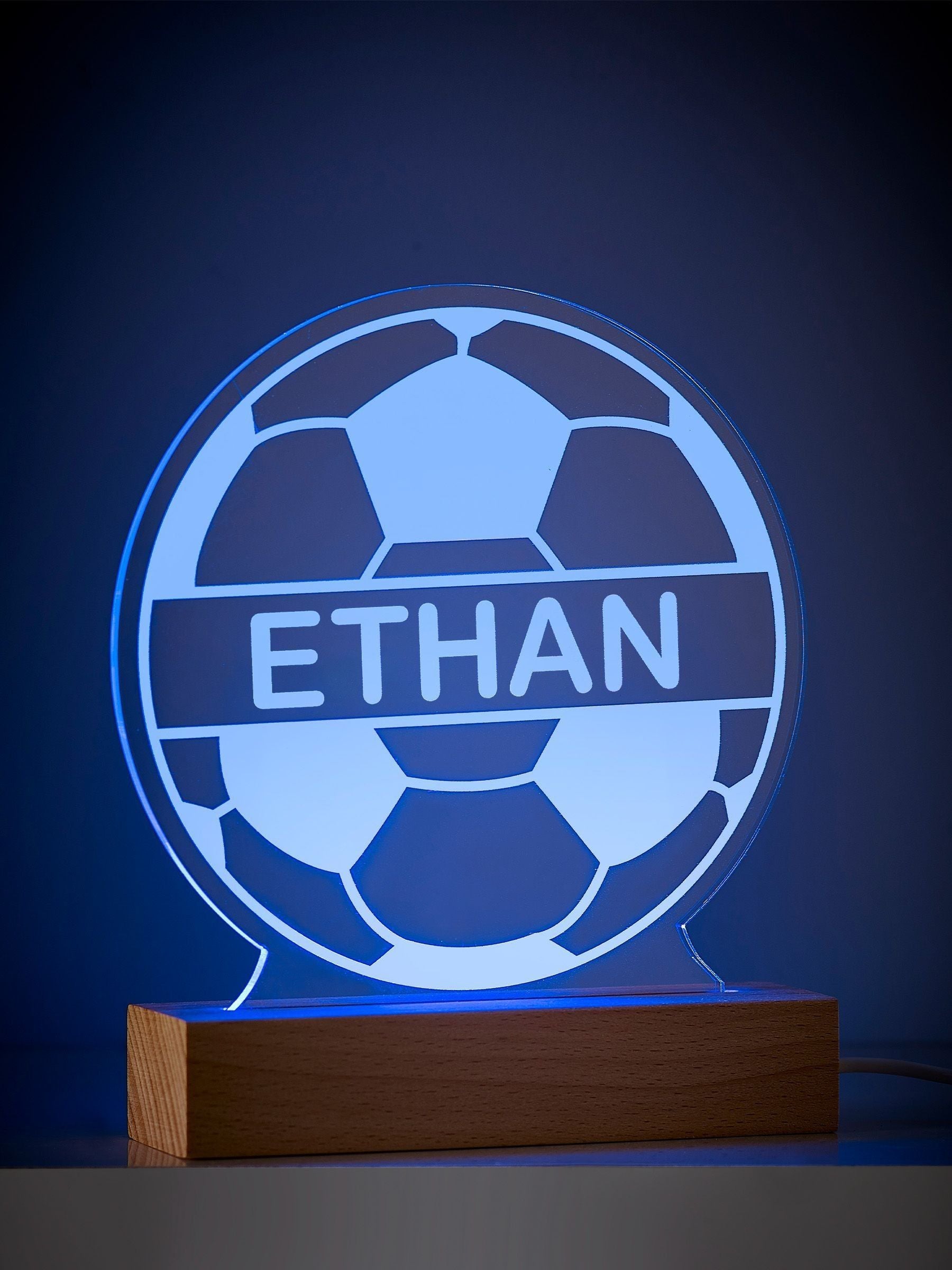 Personalised LED football light with wooden base and name - British product