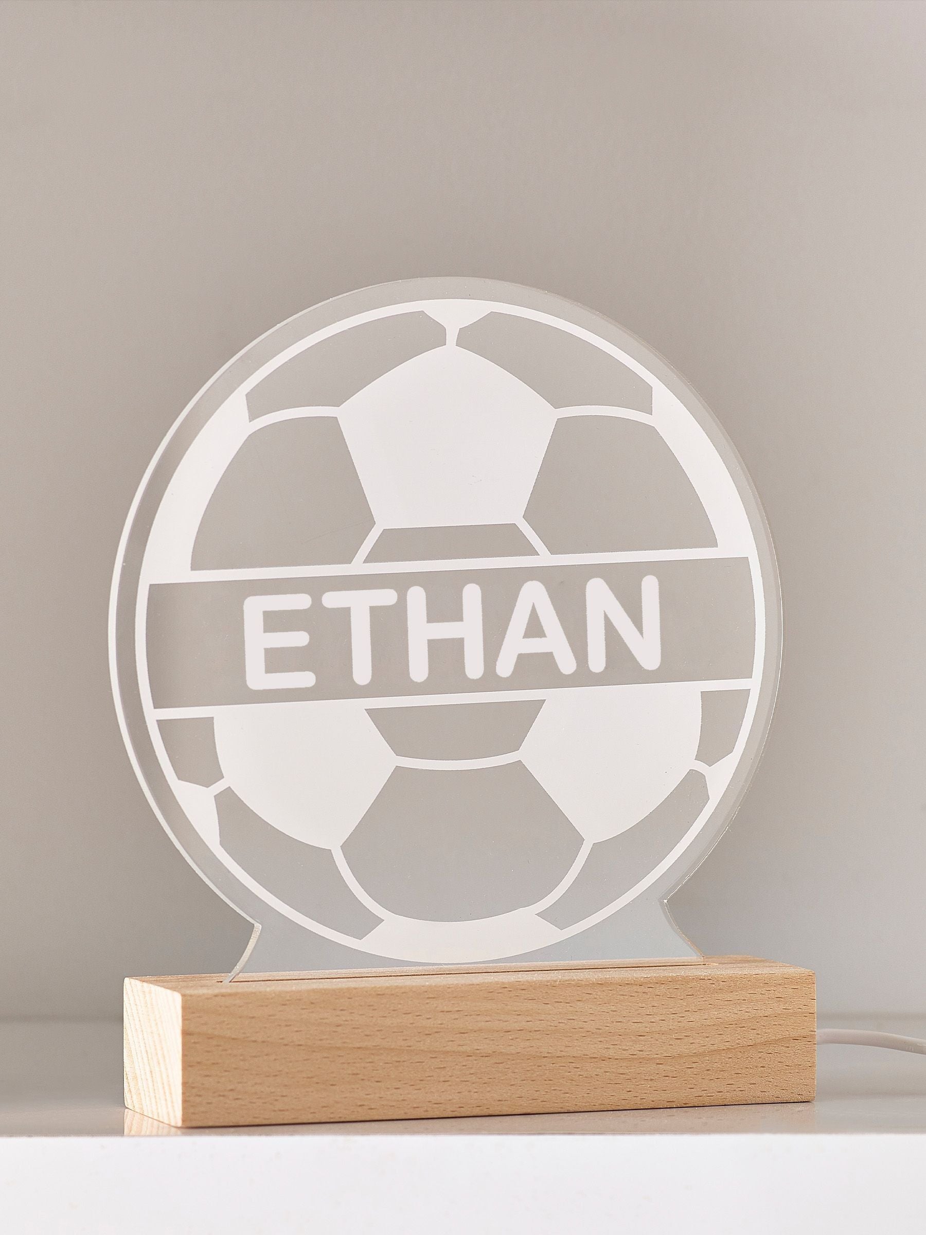 Personalised LED football light with wooden base and name - British product