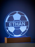 Personalised LED football light with wooden base and name - British product