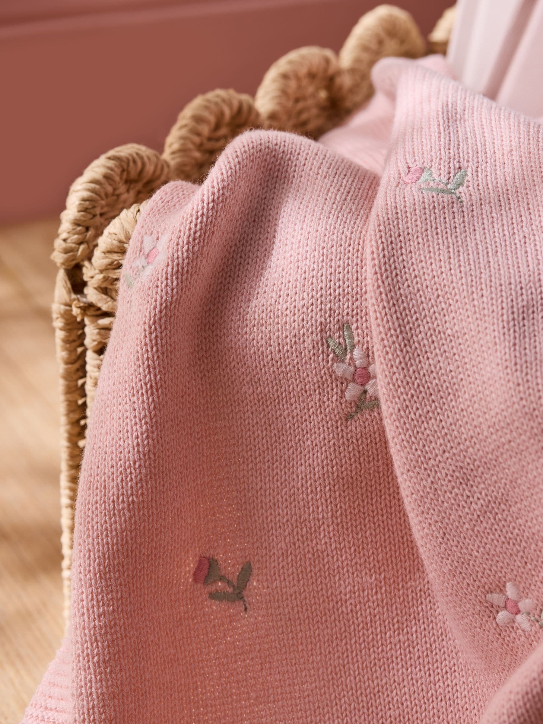 Jojo Maman Bébé pink embroidered flower knitted baby blanket, UK version