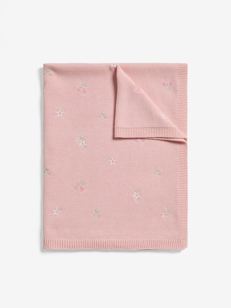 Jojo Maman Bébé pink embroidered flower knitted baby blanket, UK version