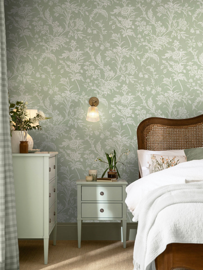 Laura Ashley sage green Lloyd wallpaper sample A4, UK version