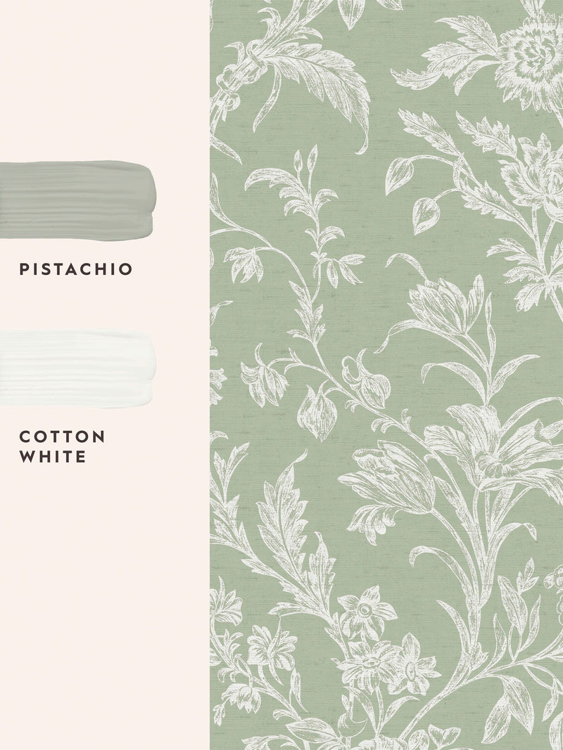 Laura Ashley sage green Lloyd wallpaper sample A4, UK version