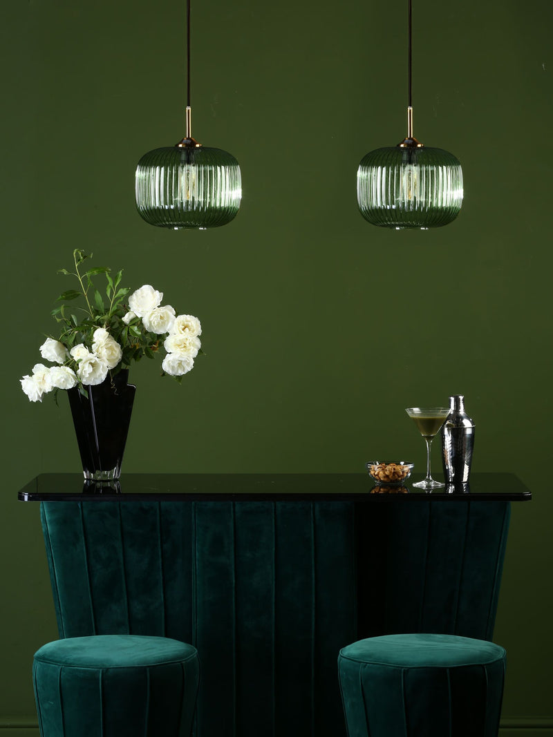 Dar green ribbed glass bronze pendant ceiling light, imported from the UK