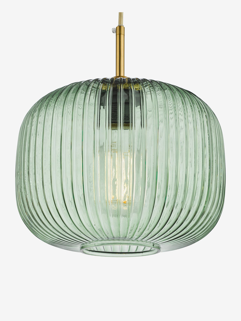 Dar green ribbed glass bronze pendant ceiling light, imported from the UK