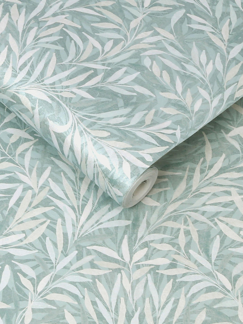 Graham & Brown Blue Salix Leaves Breathe wallpaper sample, UK version