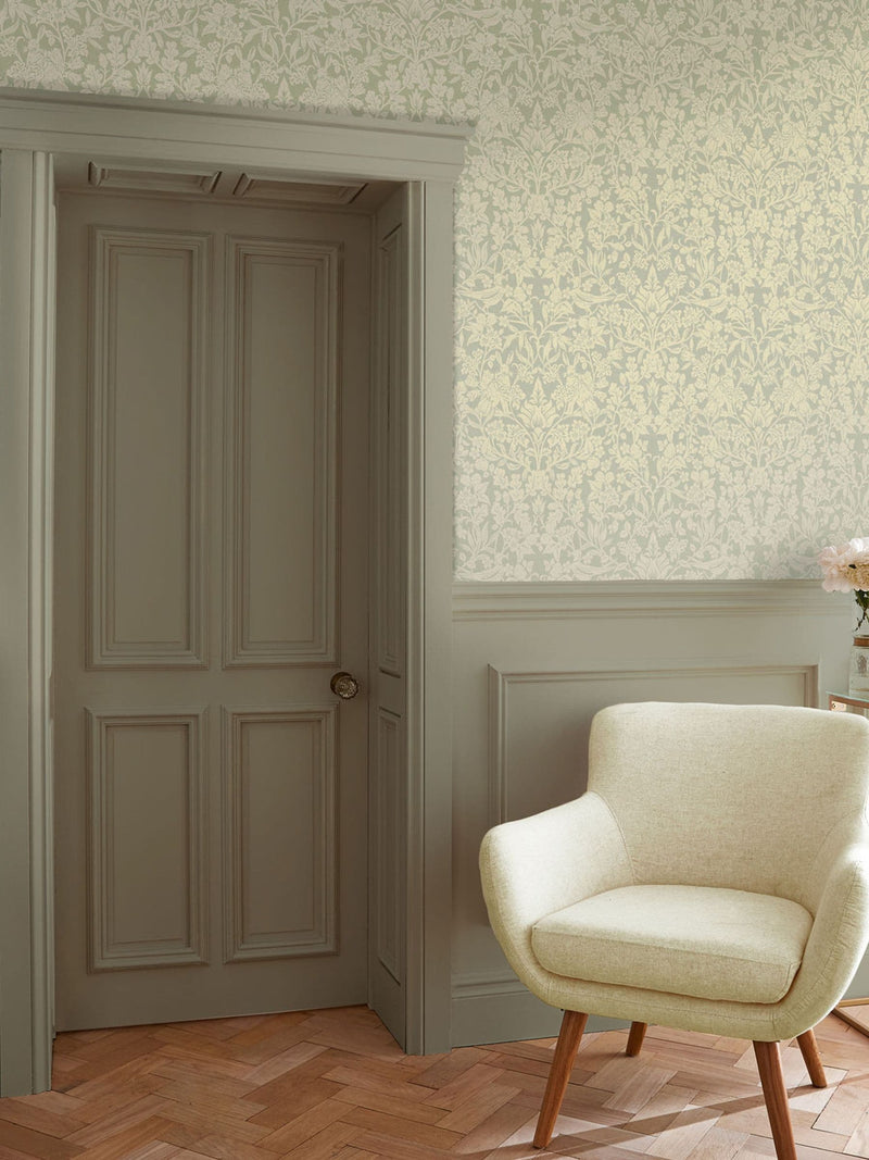 Graham & Brown green Hartley Damask wallpaper sample, UK version