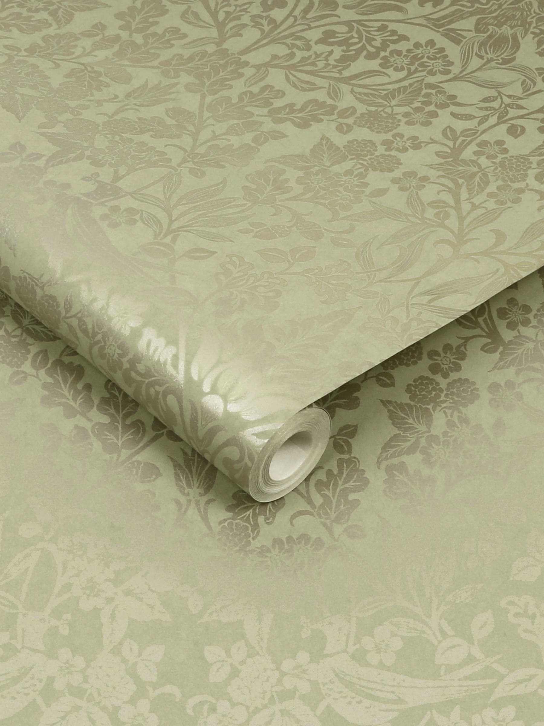 Graham & Brown green Hartley Damask wallpaper sample, UK version