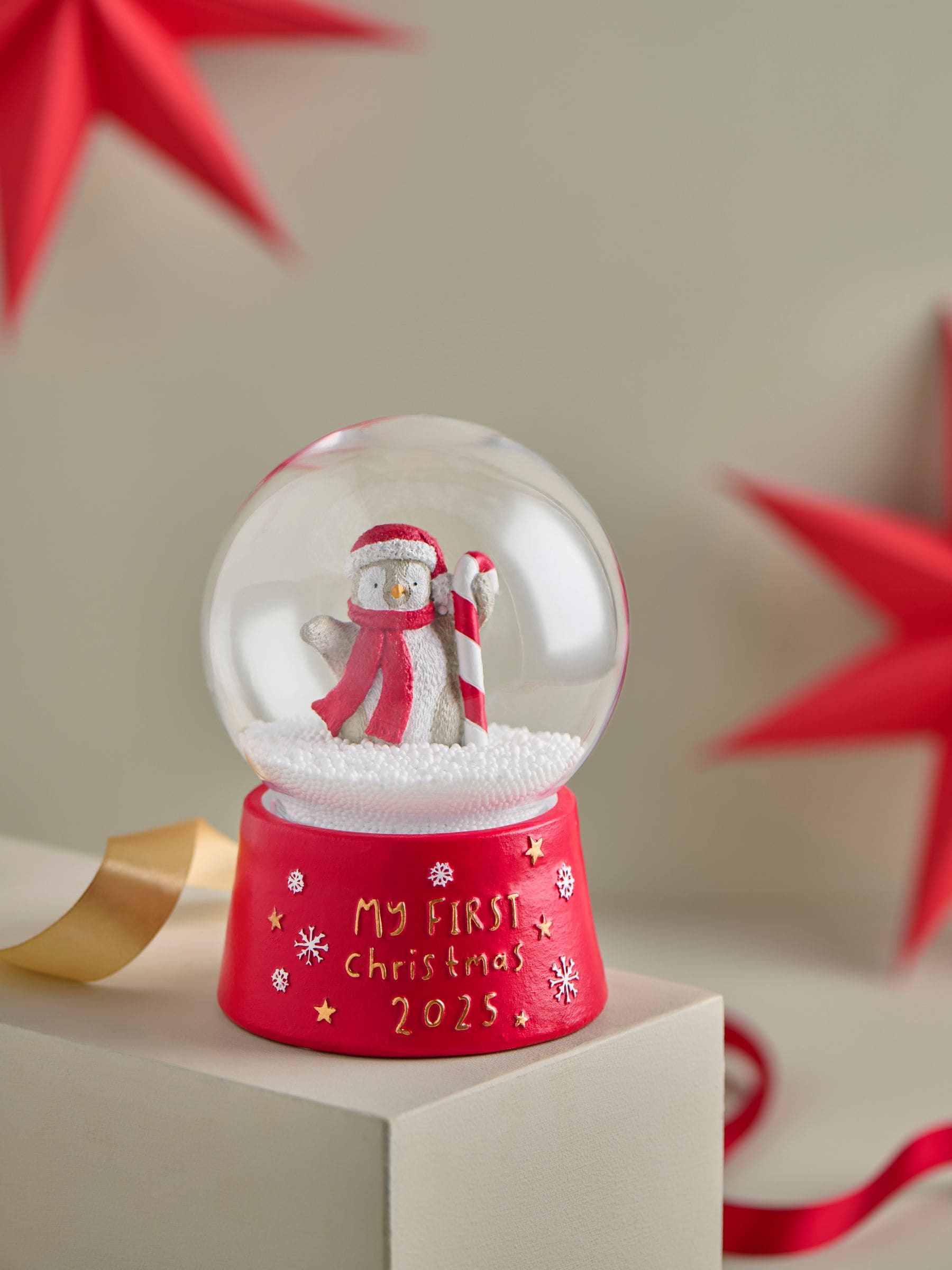 Red Penguin baby's first Christmas 2025 snow globe 17cm height, imported from the UK